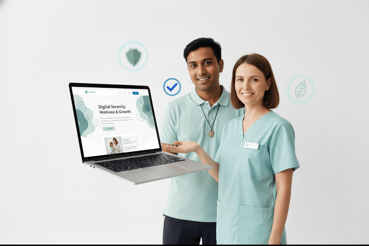 A Montreal therapist and her web partner confidently present the soothing and professional design of her new site, with safety and wellness icons in the background.