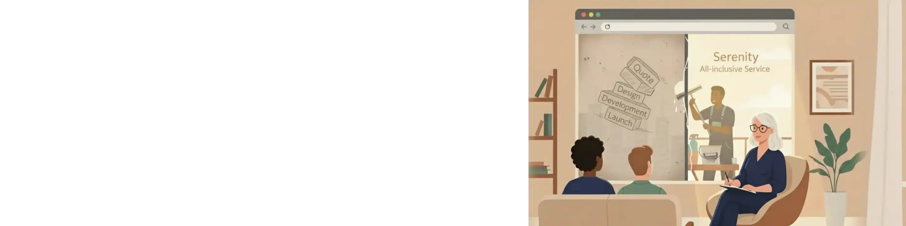 Illustration conceptuelle montrant un partenaire web de Monwebmestre nettoyant une fenêtre-navigateur, transformant le chaos d'un projet web en sérénité pour une professionnelle indépendante