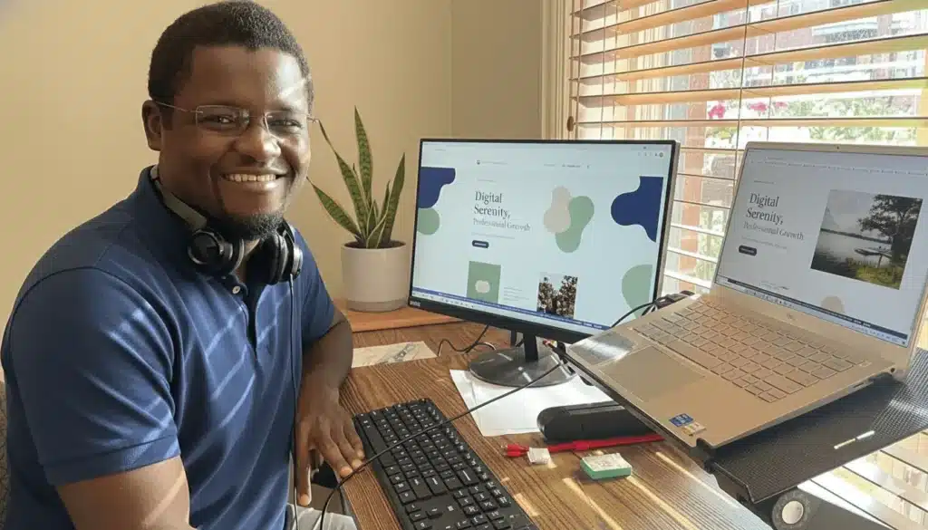 Justin, consultant web et fondateur de Monwebmestre.tech, souriant à son bureau professionnel à Montréal