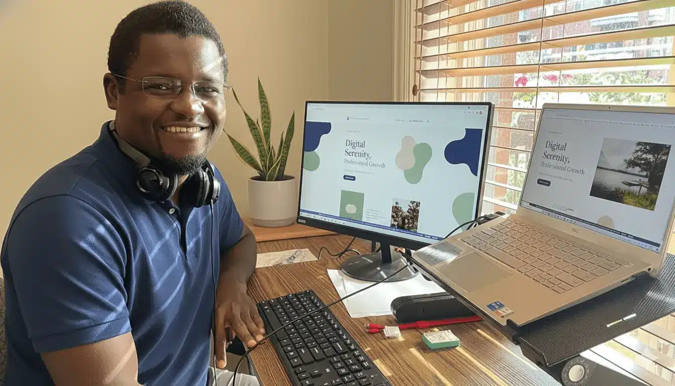 Justin, consultant web et fondateur de Monwebmestre.tech, souriant à son bureau professionnel à Montréal