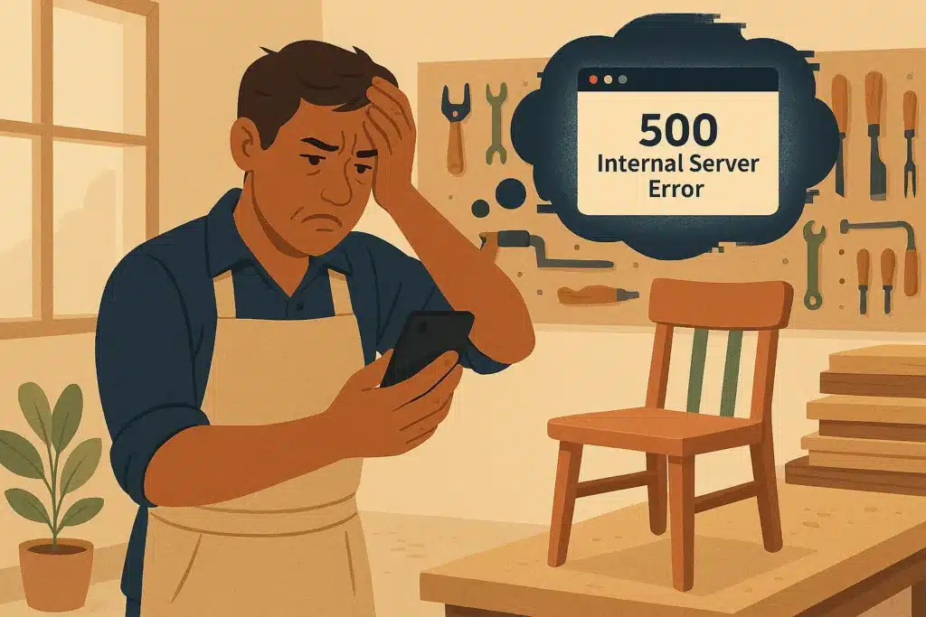 Illustration d'un artisan entrepreneur frustré par une erreur "500 Internal Server Error" sur son site web, l'empêchant de se concentrer sur son travail
